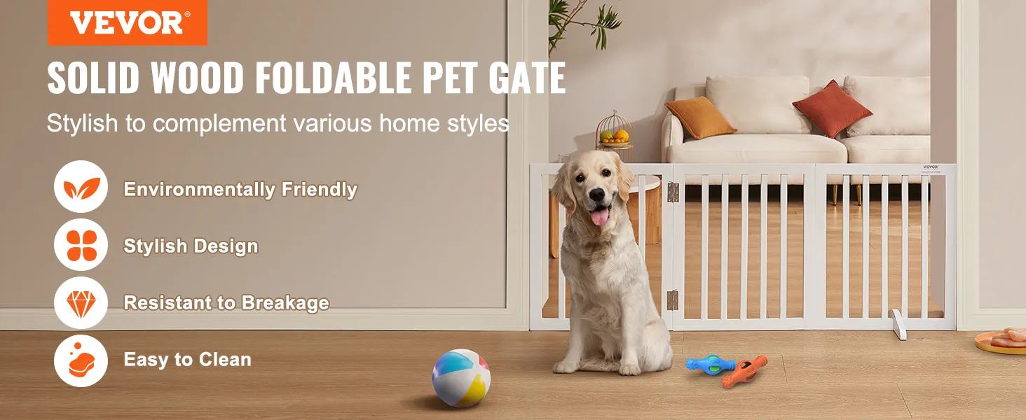 VEVOR free standing dog gate - solid wood, foldable, eco-friendly, stylish design, easy to clean.