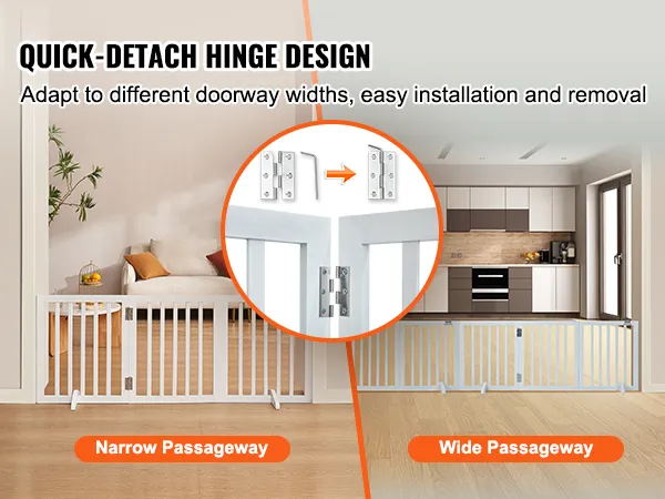 VEVOR free standing dog gate with quick-detach hinges, suitable for narrow and wide passageways.