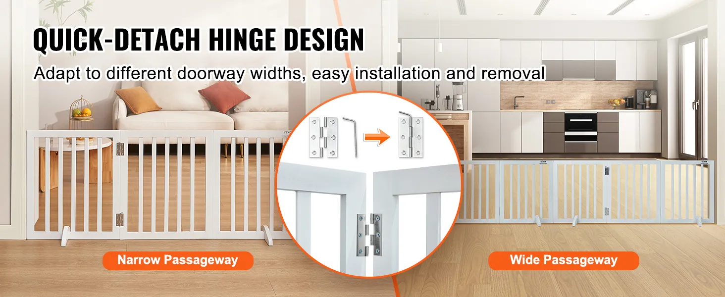 VEVOR free standing dog gate with quick-detach hinges, suitable for narrow and wide passageways.
