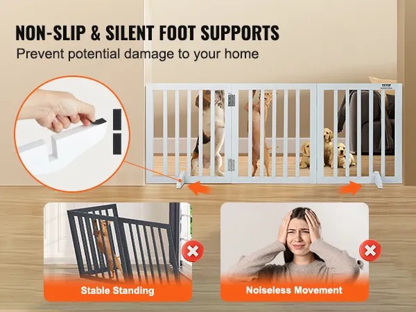 VEVOR free standing dog gate with non-slip foot supports, ensuring stable standing and noiseless movement.