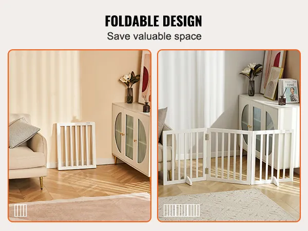 VEVOR free standing dog gate, foldable white gate shown folded and extended in a cozy living room.