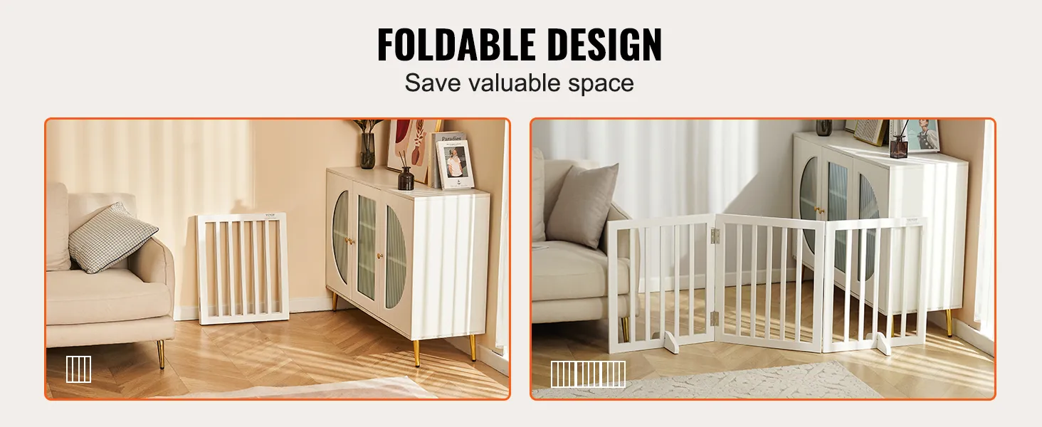 VEVOR free standing dog gate, foldable white gate shown folded and extended in a cozy living room.