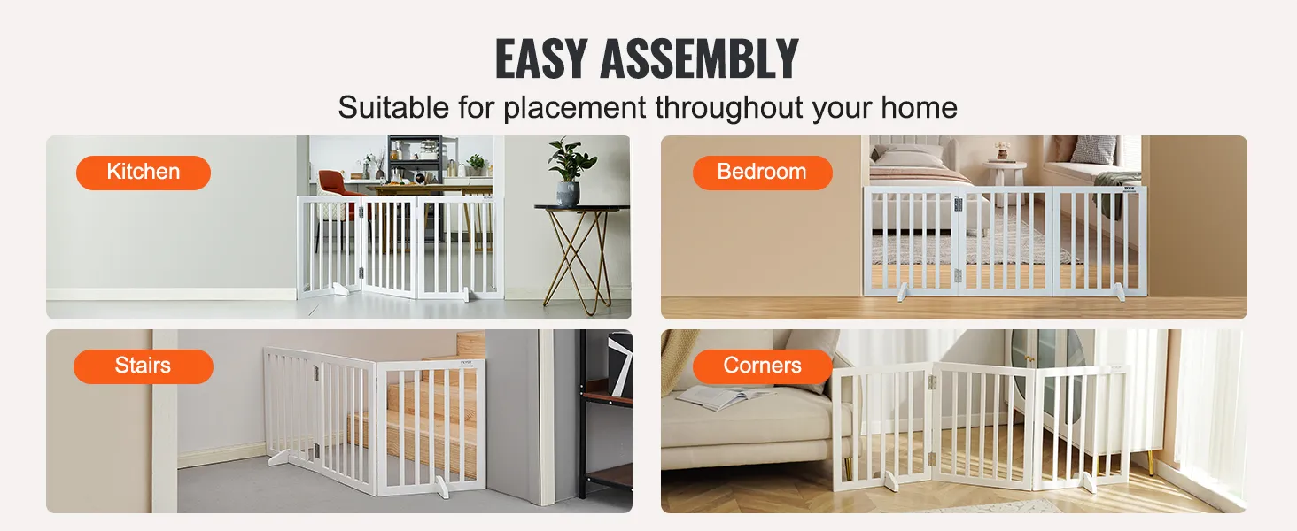 VEVOR free standing dog gate for kitchen, bedroom, stairs, and corners. easy assembly and versatile usage.
