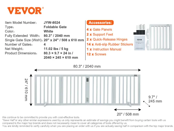 VEVOR freestanding dog gate foldable, white, 80.3"x24", comes with 4 gate panels, support feet, and hinges.