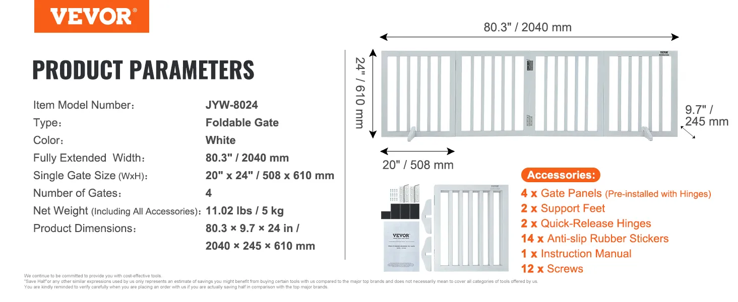 VEVOR freestanding dog gate foldable, white, 80.3"x24", comes with 4 gate panels, support feet, and hinges.