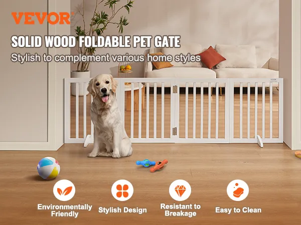 VEVOR freestanding dog gate, white solid wood, foldable, environmentally friendly, with a cute dog.
