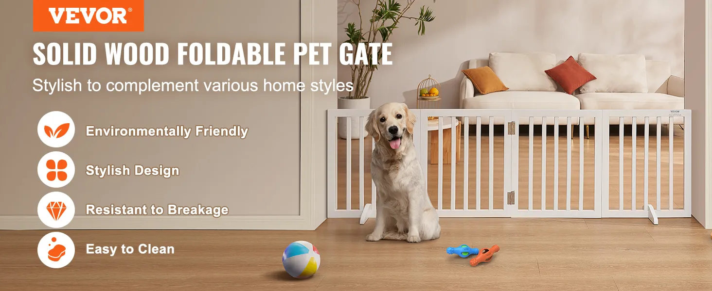 VEVOR freestanding dog gate, white solid wood, foldable, environmentally friendly, with a cute dog.