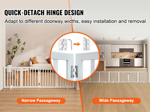 VEVOR freestanding dog gate with quick-detach hinge for narrow and wide passageways.