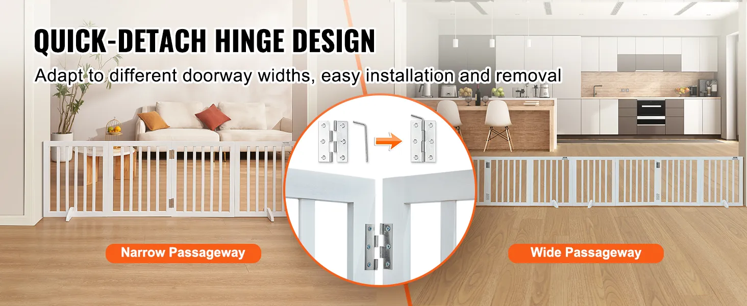 VEVOR freestanding dog gate with quick-detach hinge for narrow and wide passageways.