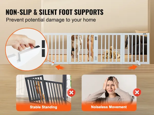 VEVOR freestanding dog gate with non-slip and silent foot supports ensuring stable standing and noiseless movement.