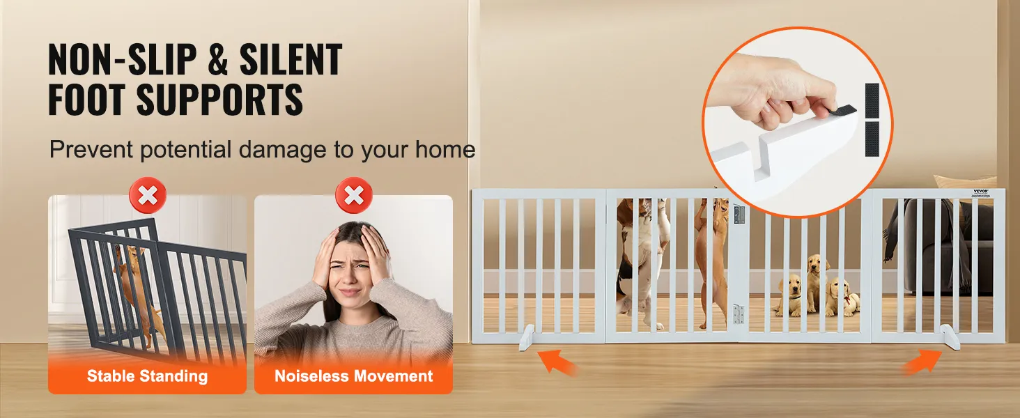 VEVOR freestanding dog gate with non-slip and silent foot supports ensuring stable standing and noiseless movement.