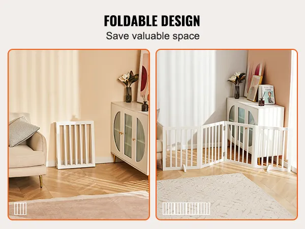 VEVOR freestanding dog gate, foldable design for space-saving, shown in living room, folded and extended.