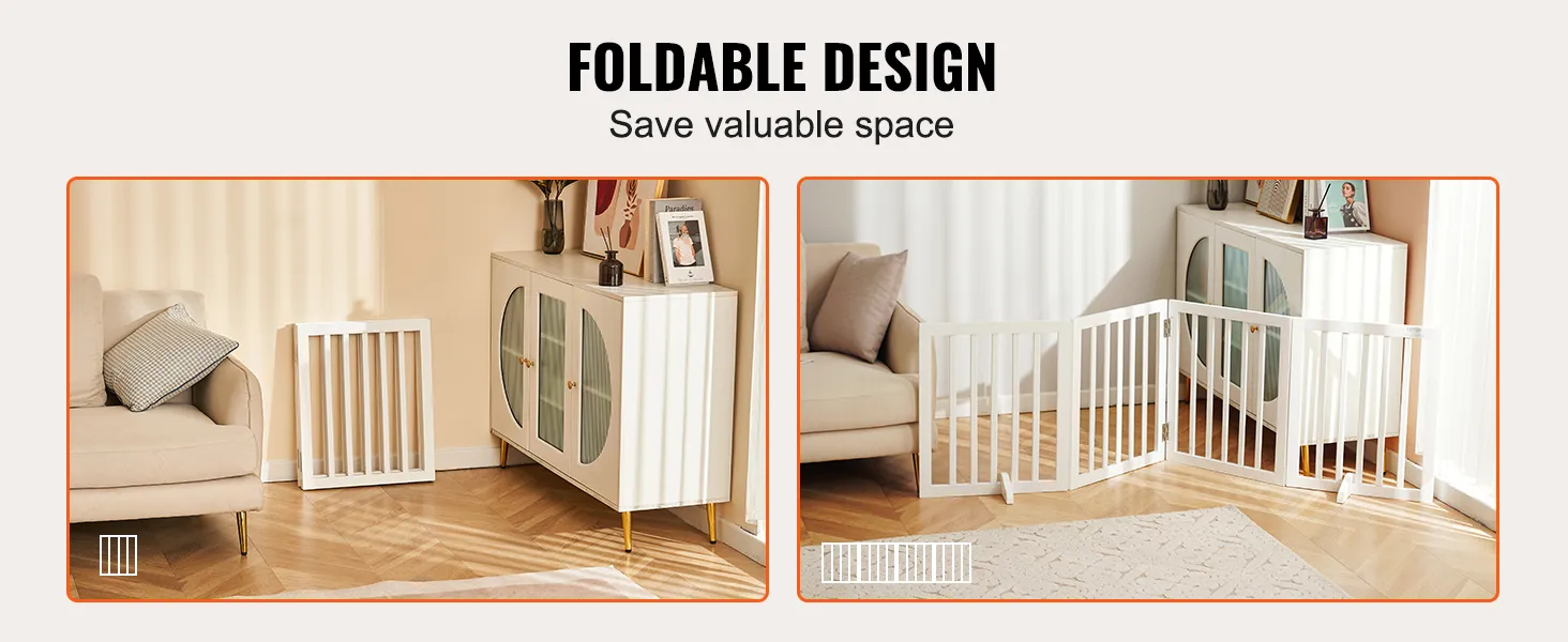 VEVOR freestanding dog gate, foldable design for space-saving, shown in living room, folded and extended.