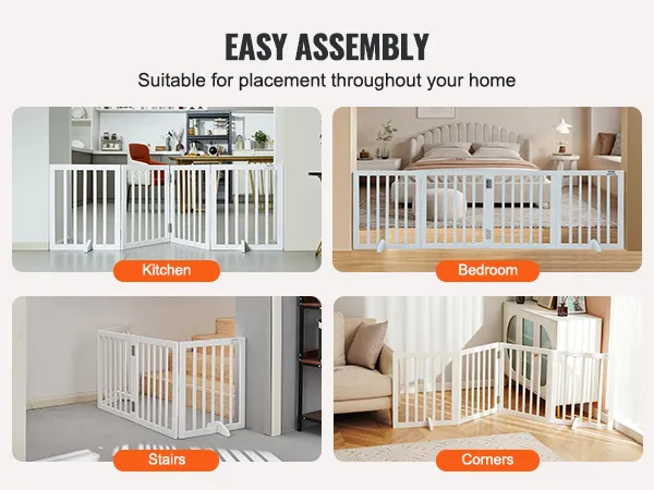 VEVOR freestanding dog gate for kitchen, bedroom, stairs, and corners; easy assembly for home use.