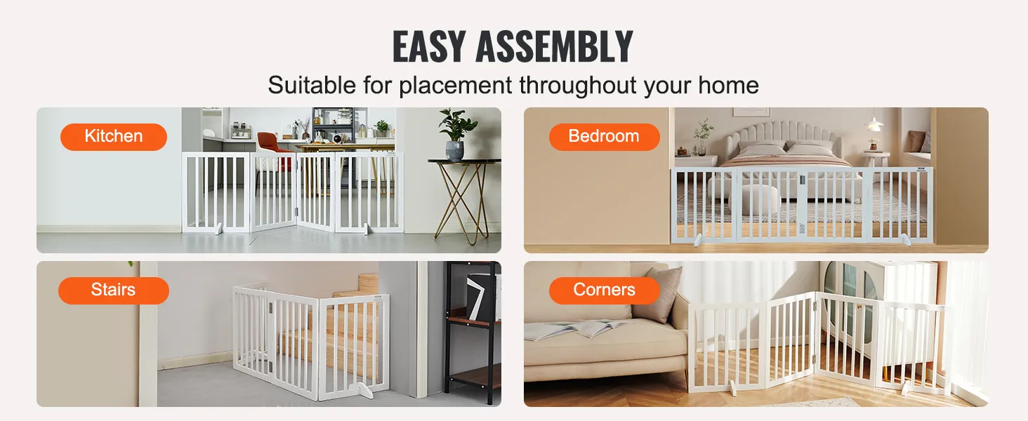 VEVOR freestanding dog gate for kitchen, bedroom, stairs, and corners; easy assembly for home use.