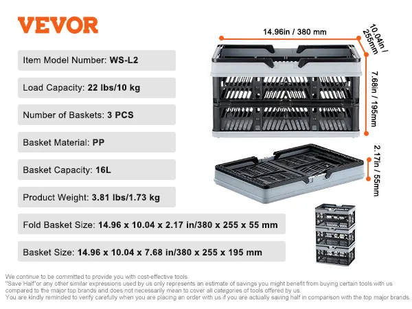 VEVOR portable shopping basket, black and grey, stackable, 3 pcs, load capacity 22 lbs, 16l capacity.