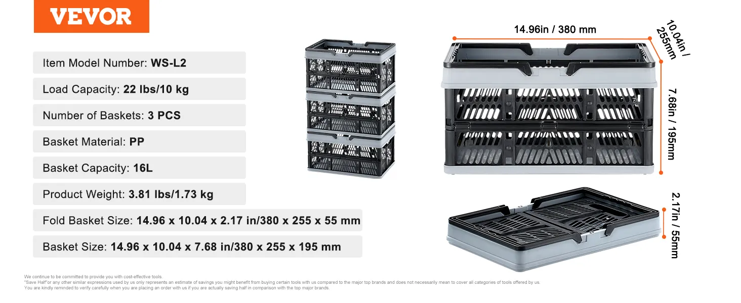 VEVOR portable shopping basket, black and grey, stackable, 3 pcs, load capacity 22 lbs, 16l capacity.