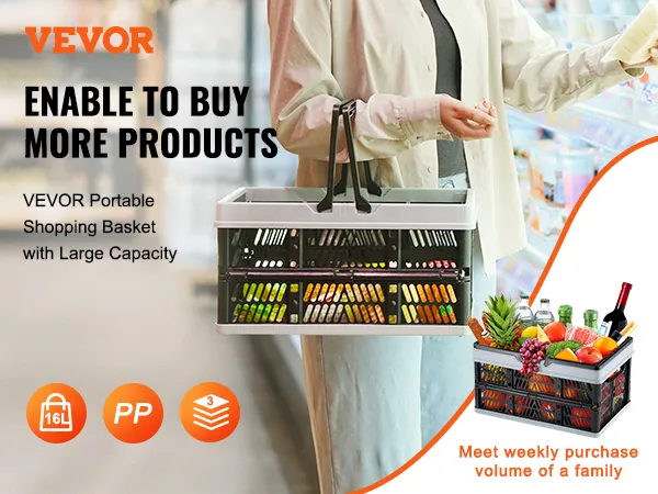 VEVOR portable shopping basket with large capacity holds groceries, highlighting 16l size and pp material.