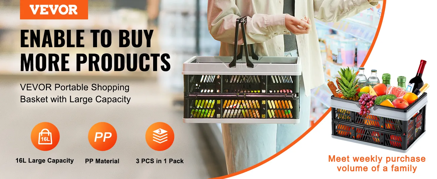 VEVOR portable shopping basket with large capacity holds groceries, highlighting 16l size and pp material.