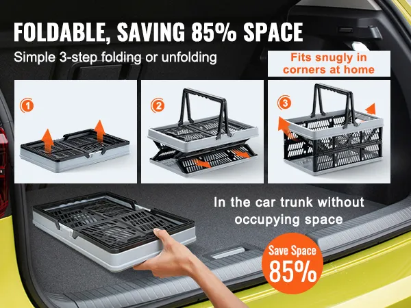 VEVOR portable shopping basket showcasing simple 3-step folding process for 85% space savings in car trunk.