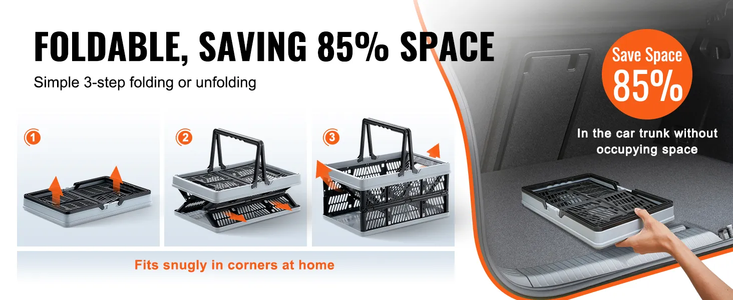 VEVOR portable shopping basket showcasing simple 3-step folding process for 85% space savings in car trunk.