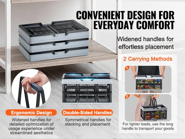 VEVOR portable shopping basket with ergonomic design, double-sided handles, and two carrying methods.