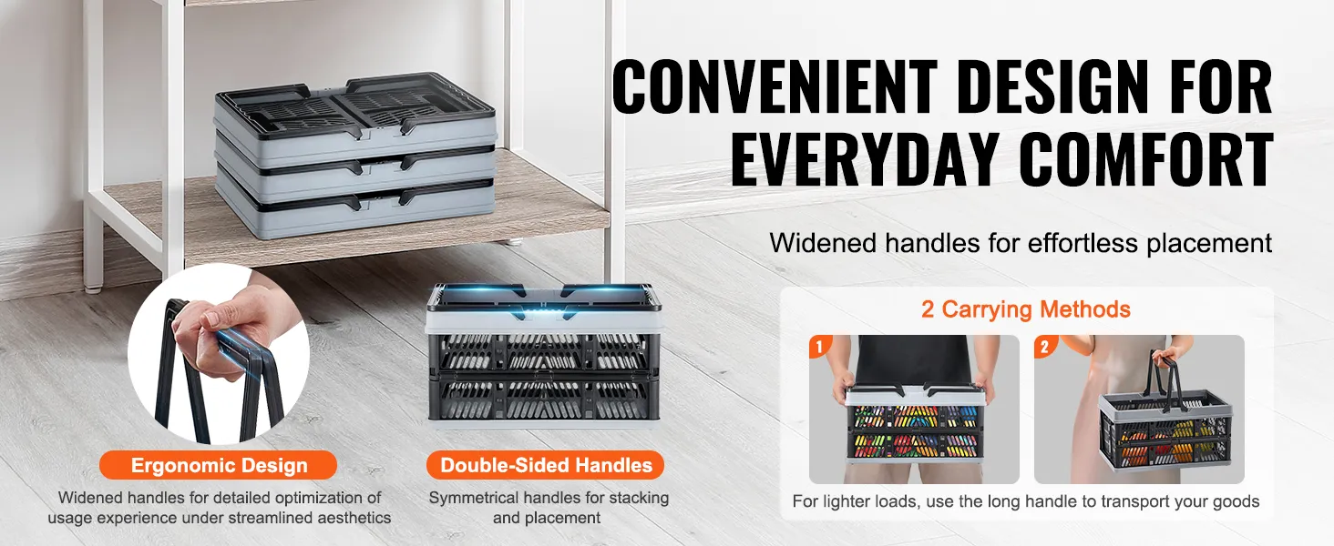 VEVOR portable shopping basket with ergonomic design, double-sided handles, and two carrying methods.