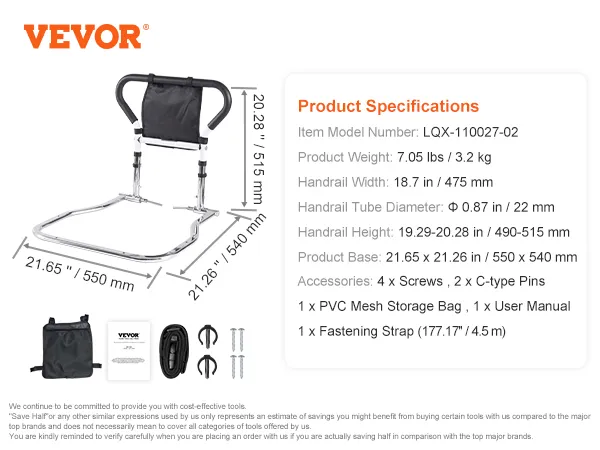 VEVOR bed rails with adjustable height, dimensions, and included accessories like screws and storage bag.