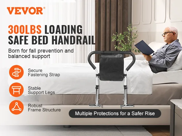 VEVOR bed rails 300lbs loading safe bed handrail with secure fastening strap and robust frame structure.