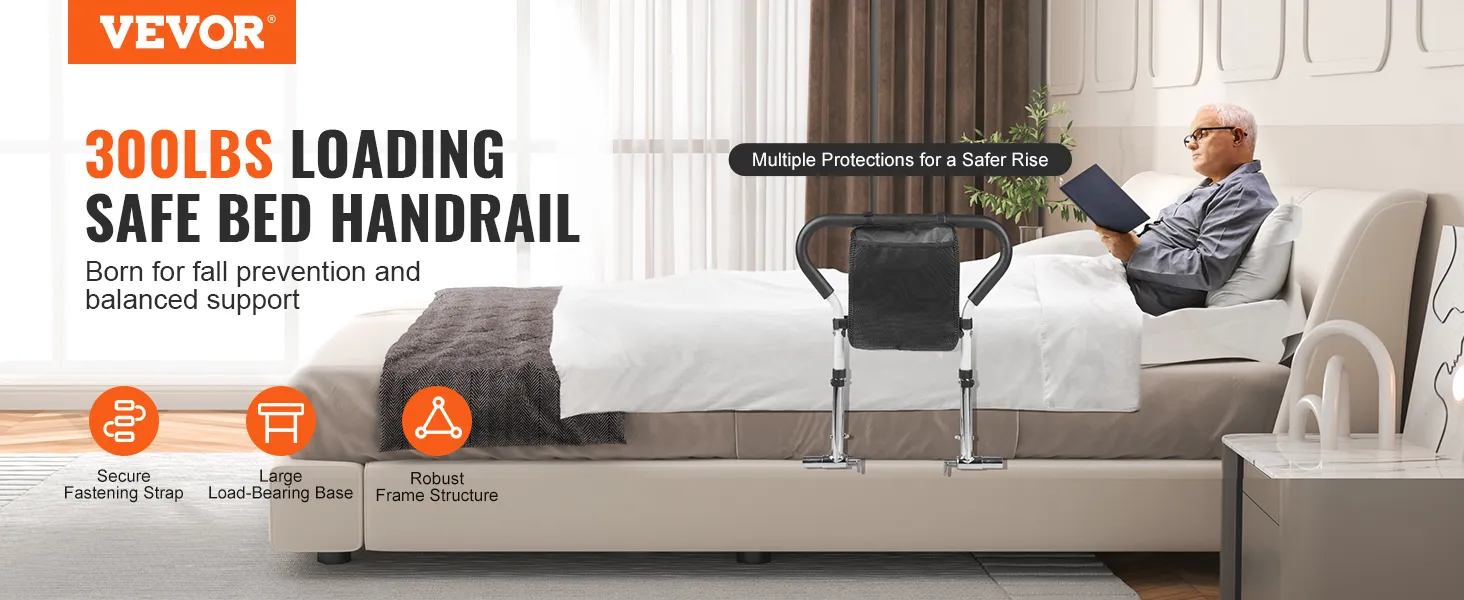 VEVOR bed rails 300lbs loading safe bed handrail with secure fastening strap and robust frame structure.