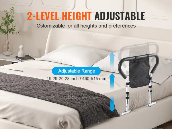 adjustable VEVOR bed rails on a bed with 2-level height settings for customizable support and stability.