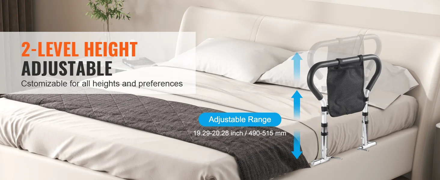 adjustable VEVOR bed rails on a bed with 2-level height settings for customizable support and stability.