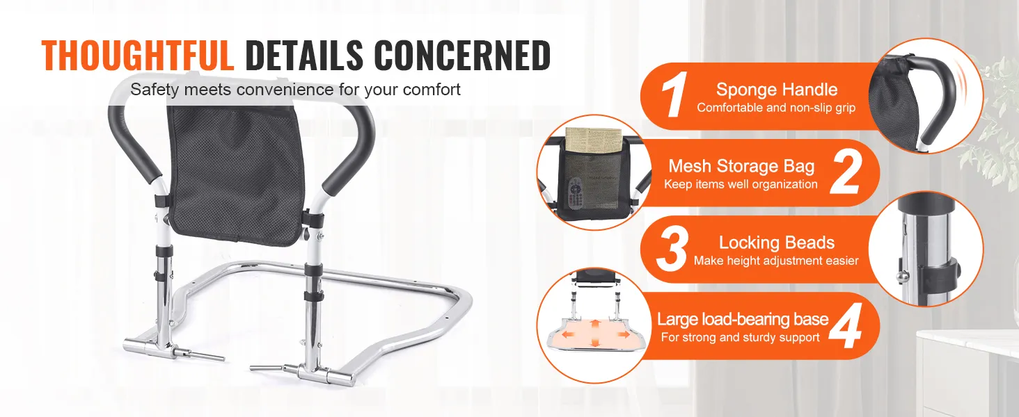 VEVOR bed rails with sponge handle, mesh storage bag, locking beads, and large load-bearing base.