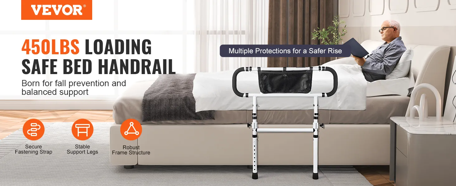 VEVOR bed rails provide 450lbs loading, fall prevention, and balanced support with robust frame structure.