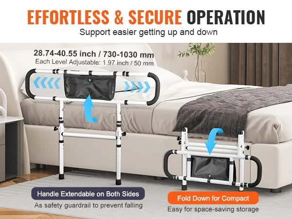 VEVOR bed rails extendable handles, flip down, adjustable height, secure operation for easy bed access.