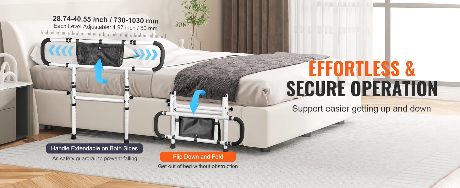 VEVOR bed rails extendable handles, flip down, adjustable height, secure operation for easy bed access.