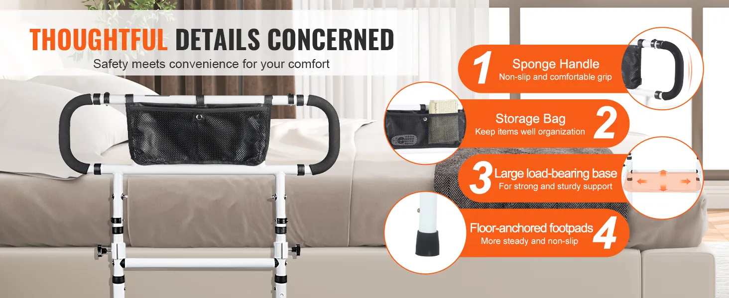 VEVOR bed rails with sponge handles, storage bag, large load-bearing base, and floor-anchored footpads.