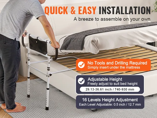 man installing VEVOR bed rails with adjustable height and 16 levels of adjustment, no tools needed.