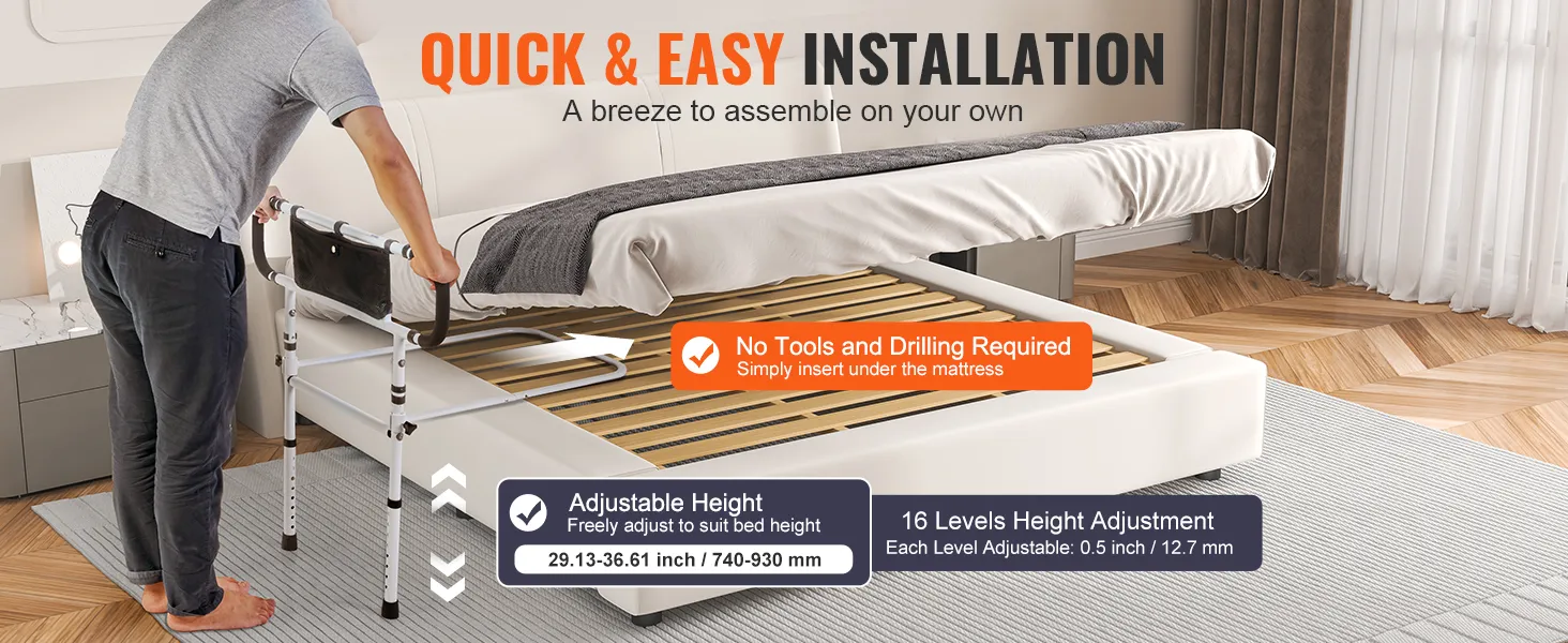man installing VEVOR bed rails with adjustable height and 16 levels of adjustment, no tools needed.