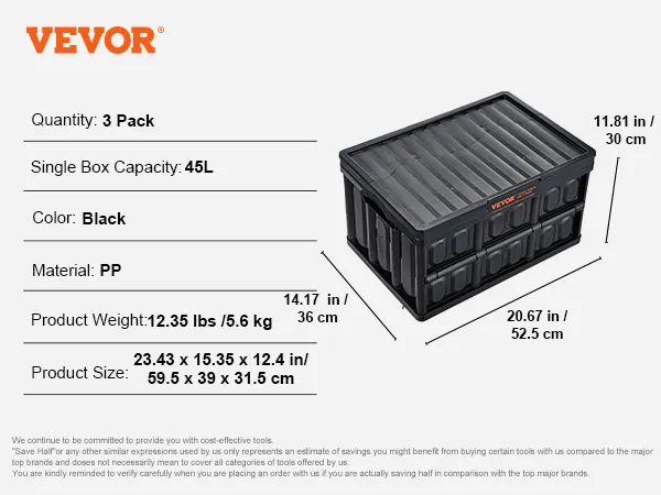 VEVOR collapsible storage bins in black, 3-pack, 45l capacity each, dimensions 20.7x14x11.8 inches.