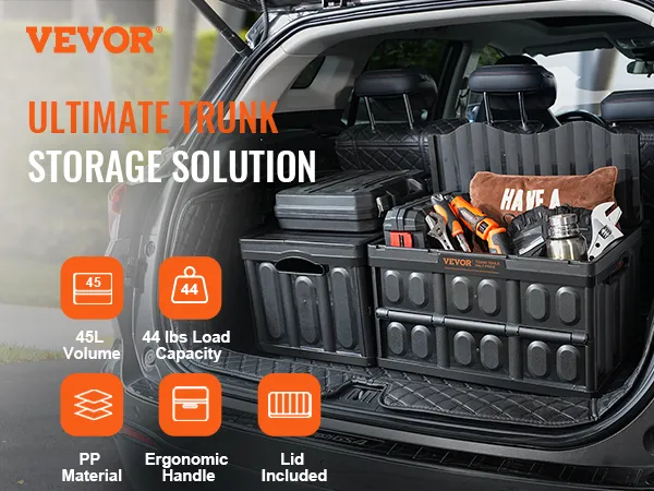 VEVOR collapsible storage bins in car trunk with tools and pillow, highlighting load capacity and handle.
