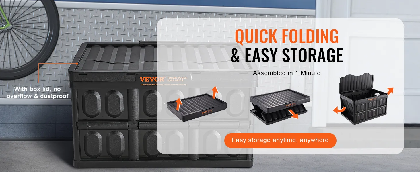VEVOR collapsible storage bins - quick folding, easy storage, dustproof, box lid included.