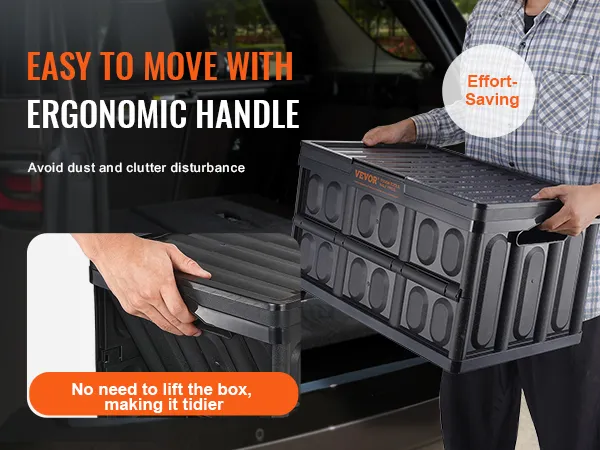 man lifting VEVOR collapsible storage bin with ergonomic handle, highlighting easy and effort-saving use.