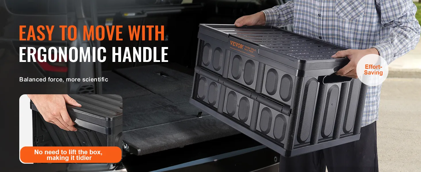 man lifting VEVOR collapsible storage bin with ergonomic handle, highlighting easy and effort-saving use.