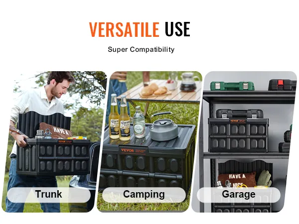 VEVOR collapsible storage bins in use: trunk organization, camping essentials, garage storage.