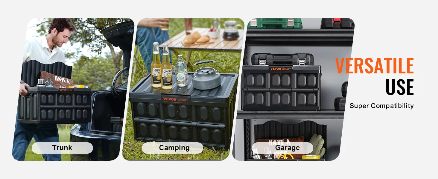 VEVOR collapsible storage bins in use: trunk organization, camping essentials, garage storage.