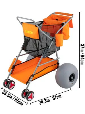 Carrito de playa VEVOR Wonder Wheeler de color naranja y negro con ruedas grandes y compartimentos de almacenamiento.