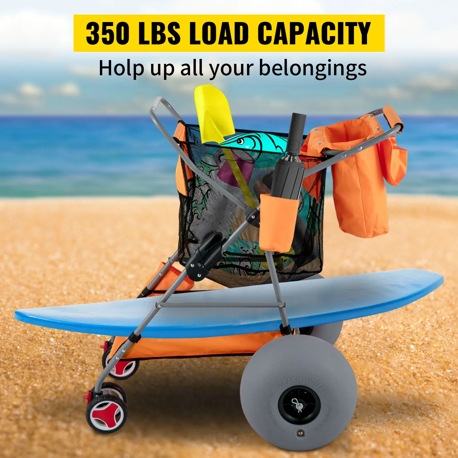 Carro de playa VEVOR con ruedas que transporta tablas de surf, equipos de playa y accesorios con una capacidad de carga de 350 libras.