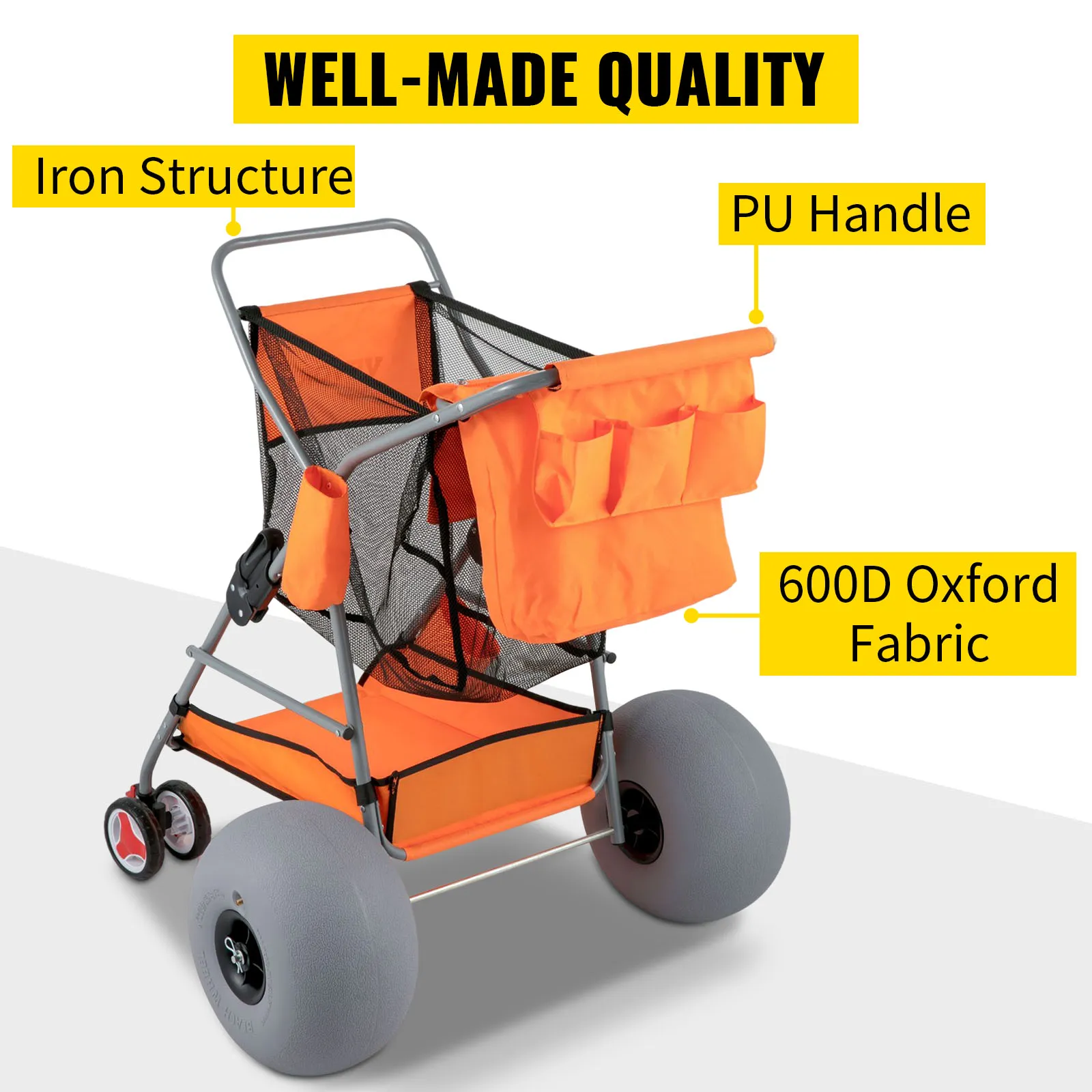 Carrito de playa VEVOR con estructura de hierro, asa de PU y tela Oxford 600d para mayor durabilidad.