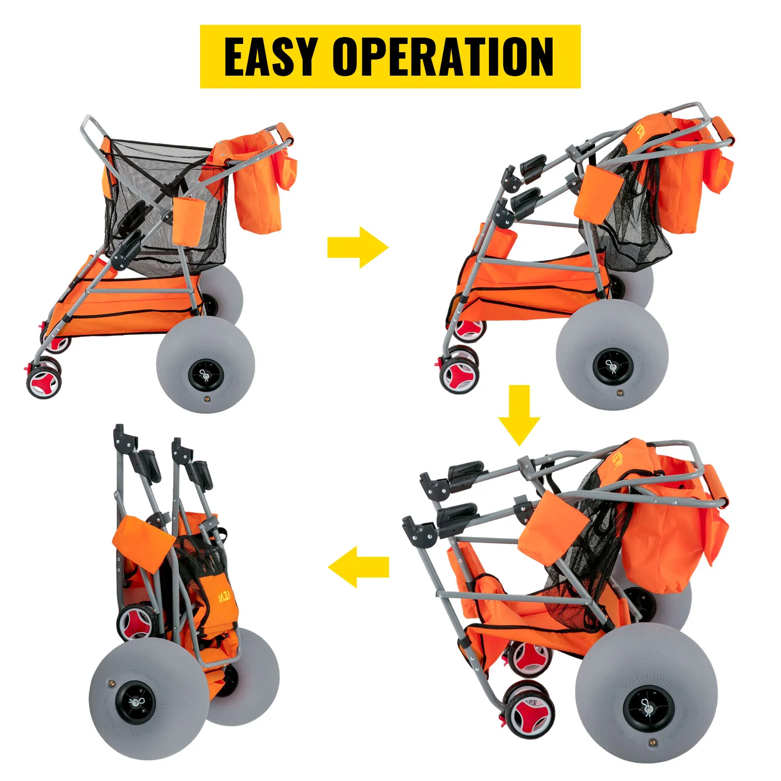 El maravilloso patinete playero VEVOR demostrado en cuatro etapas de fácil operación con ruedas grandes y tela naranja.